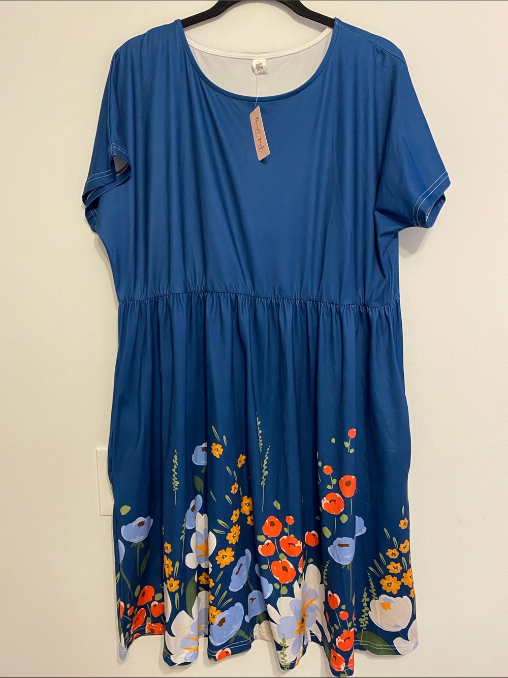 Pink Daisy Blue Floral Short-Sleeve Dress, nice summer dress